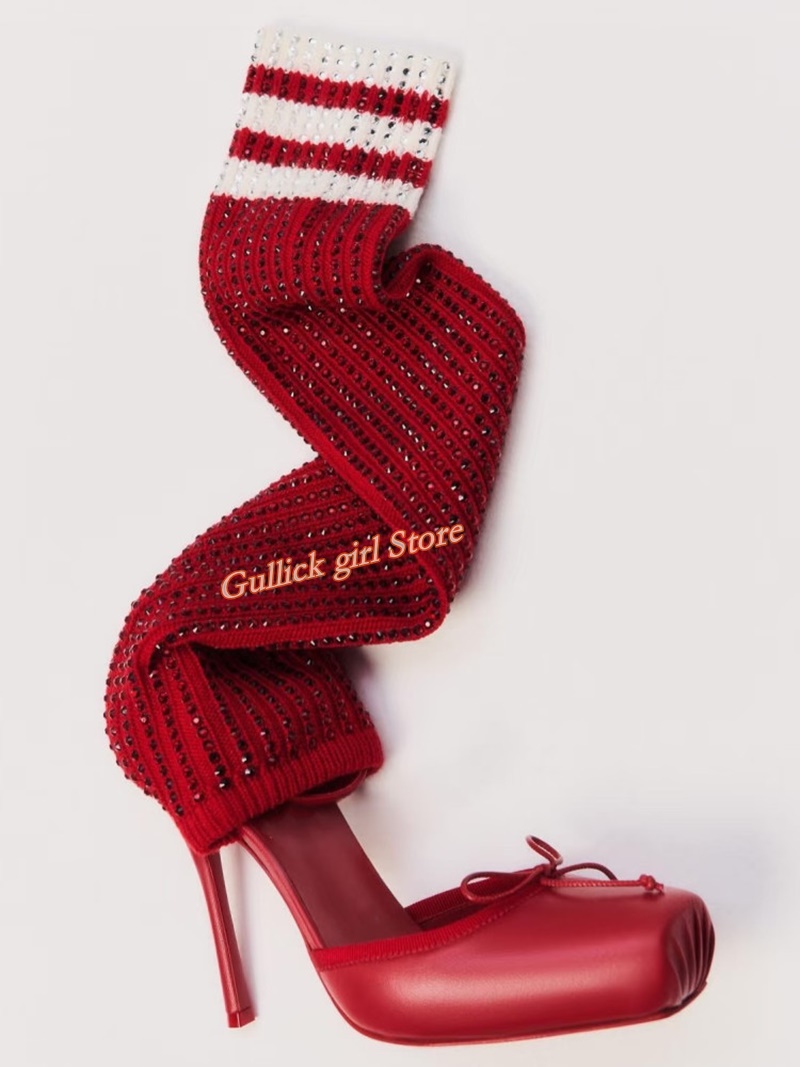 Sock Boot Women - Red Knit Square Toe Boots Cut
