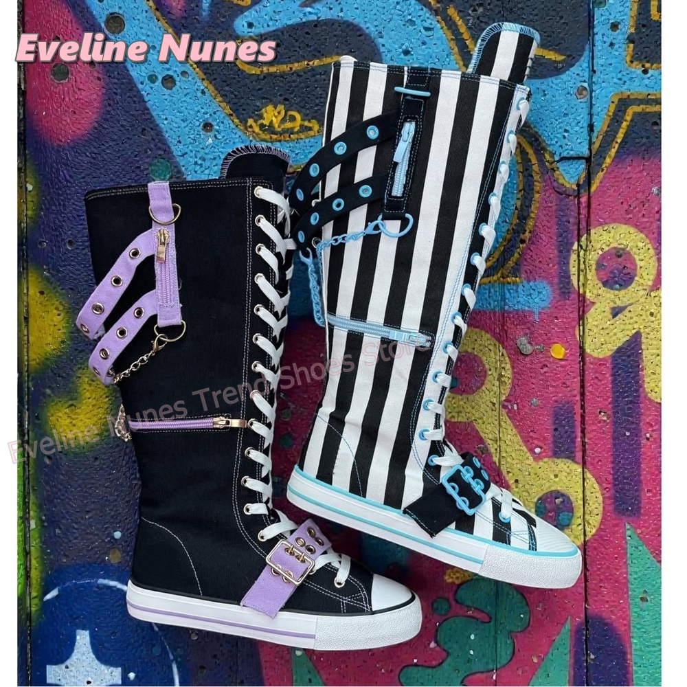 Y2K Gothic Striped Canvas Boot - Women'S Shoes Y2K ulasan dan harga